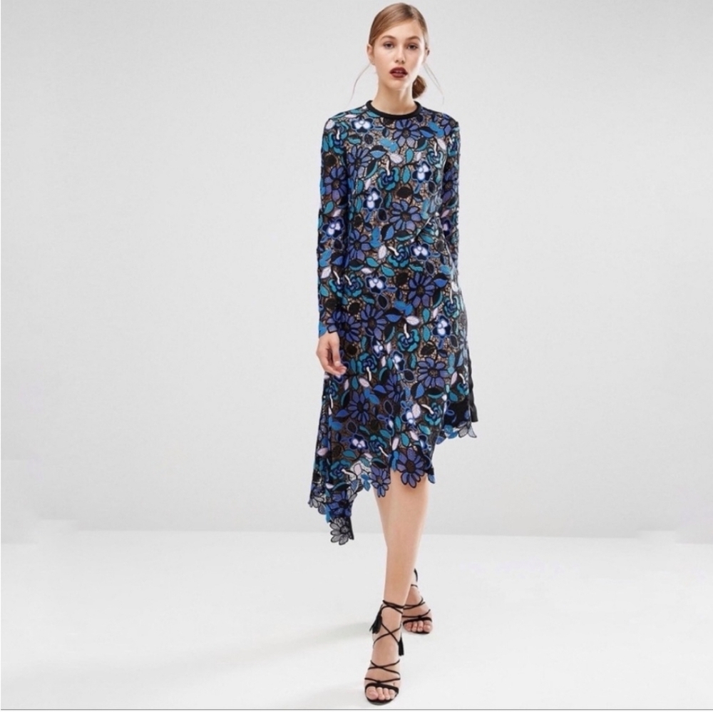 Self-Portrait Elora Asymmetric Lace Long Sleeve Midi Dress sz 6